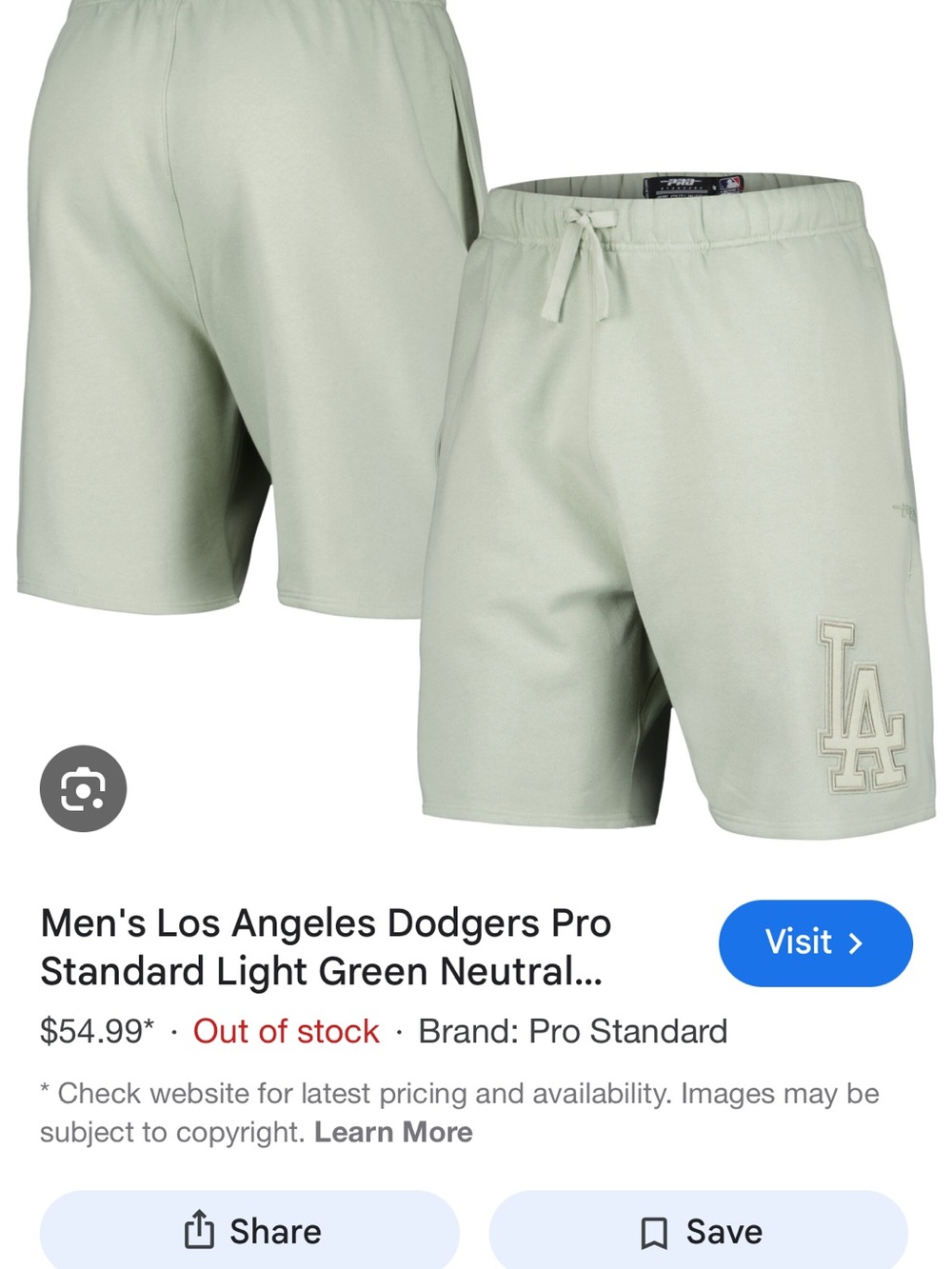 Pro Standard Men's Los Angeles Dodgers Light Green Athletic Shorts